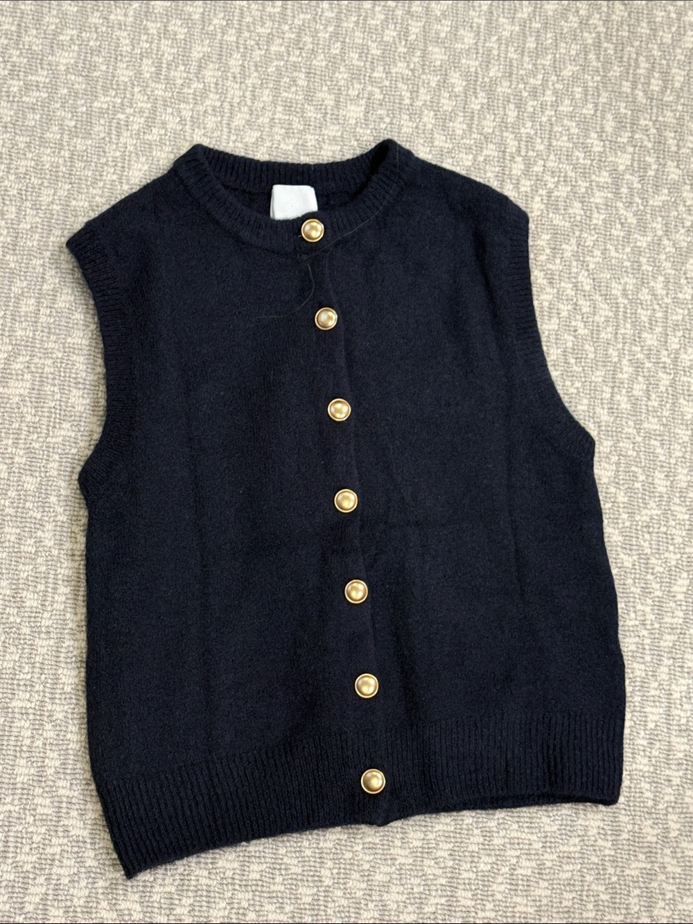Navy Sleeveless Knit Gold Button-Front Sweater Vest, size Small